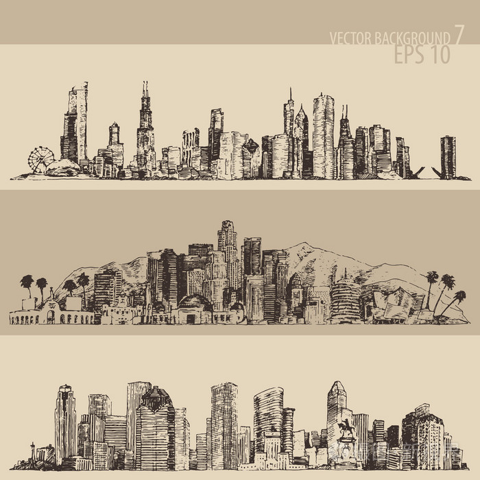 芝加哥, 洛杉矶, 休斯顿大城市建筑,复古刻插画, 手绘, 素描