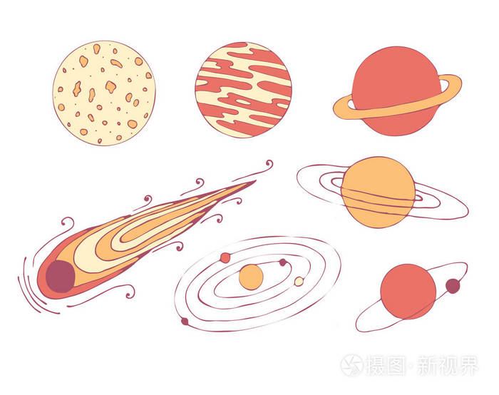 一组宇宙行星, 一颗陨石和一个星系.空间插图