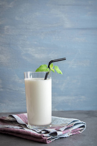 新鲜平原自制 yougurt 酸奶, youghurt, kefir, ayran, 酸奶昔 在玻璃与草本在灰色背景, 复制