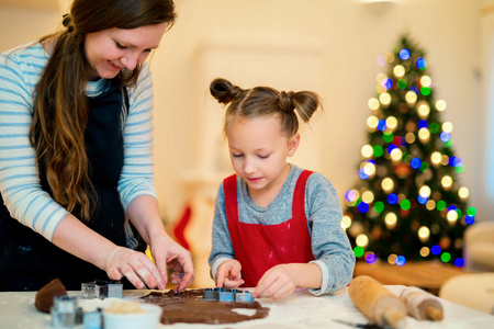 家庭的母亲和女儿在圣诞前夕烘烤饼干在家里。装饰精美的房间 壁炉 圣诞树和背景灯