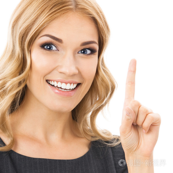 显示一个手指或想法的姿态,孤立的女人