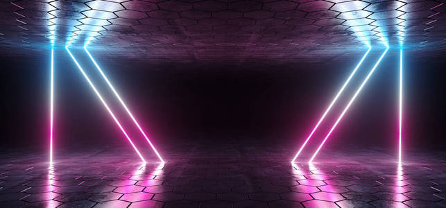 未来的科幻蓝紫色发光霓虹灯管线灯在黑暗的房间与六角形地板和天花板空空间壁纸3d 渲染插图