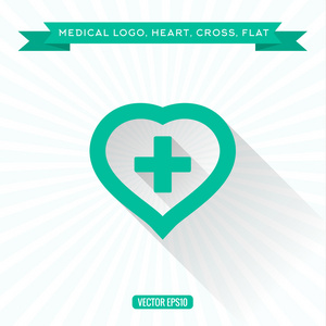 医疗图标平的心的十字架上，低的影子