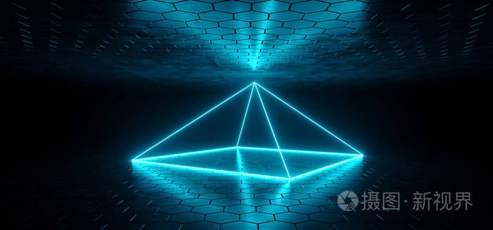 未来的科幻蓝色发光的霓虹灯管金字塔形对象灯在黑暗的房间与六角形地板和天花板空空间壁纸3d 渲染插图照片 正版商用图片0b3b6s 摄图新视界