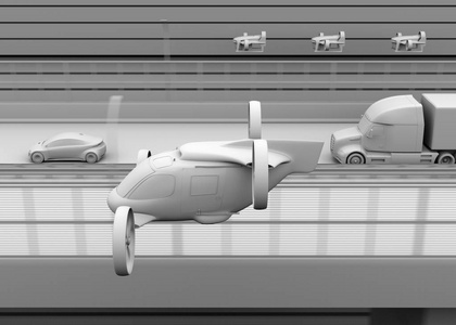 粘土渲染乘客无人驾驶飞机出租车, 舰队的运载无人驾驶飞机随着卡车行驶在高速公路上。3d 渲染图像