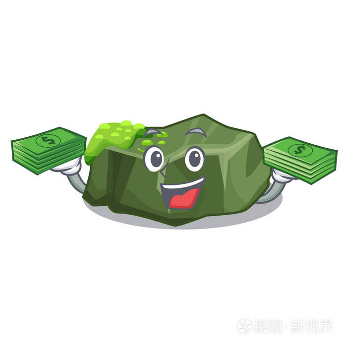 与金钱卡通大石头覆盖绿色苔藓矢量插图