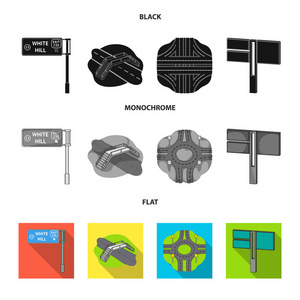 方向标志和其他网页图标黑色, 平, 单色风格。集合中的路口和标志图标