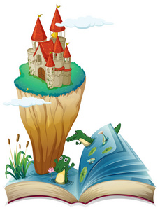 打开的书用一座城堡中的一个岛的图像
