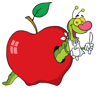 在苹果的卡通蠕虫