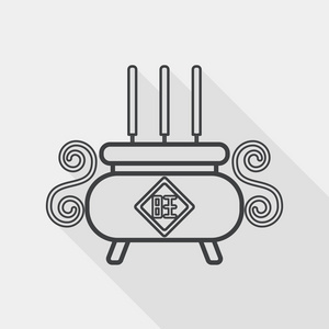 中国香炉平图标与长长的阴影,线图标照片