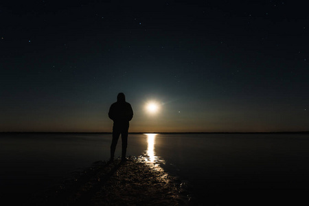 与星空夜空相映衬的照片.水中月亮的反射照片