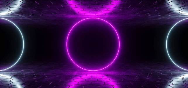 未来的科幻蓝紫色发光霓虹灯管圆形灯在黑暗的房间与六角形地板和天花板空空间壁纸3d 渲染插图