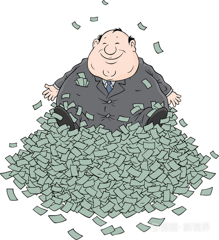 坐在一大堆的钱上的胖商人的利润,插画-正版商用图片0b4840-摄图新