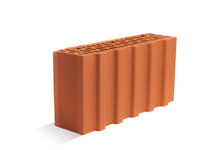 行业发展红色砖 砖块 在白色背景.建筑行业新发展的陶瓷砌块照片