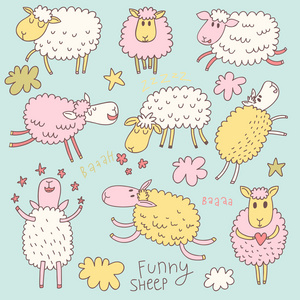 滑稽可爱的绵羊。卡通矢量在柔和的颜色设置
