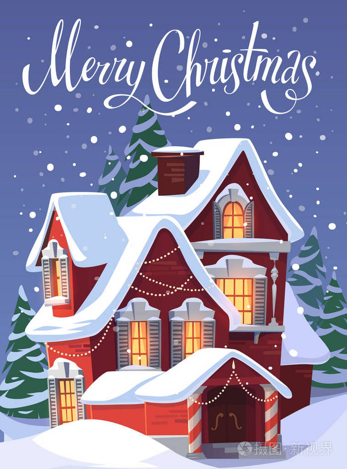 插画 房子在下雪.圣诞贺卡  背景  海报.矢量插图.