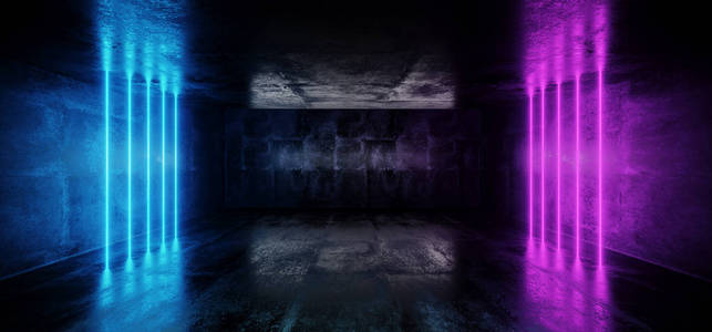 未来科幻蓝色紫色发光霓虹灯管线灯在黑暗的混凝土隧道与空空间壁纸3d 渲染插图