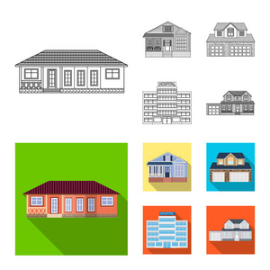 建筑物和前面标志的孤立对象。股票的建筑物和屋顶矢量图标集