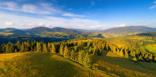 青山山在夕阳下。喀尔巴阡山在夏天的全景。生动的山风景