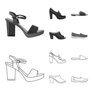 鞋类和女性图标的孤立对象。收集鞋类和足部矢量图标的股票