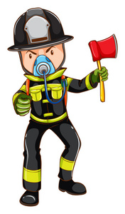 一个简单的草图的消防员举着一把斧头