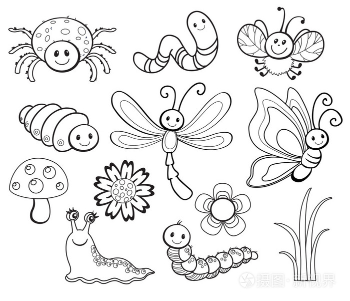 向量集的可爱的卡通 bug 线条艺术插画-正版商用图片0b4utc-摄图新视