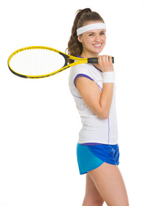 微笑与球拍的网球选手的肖像