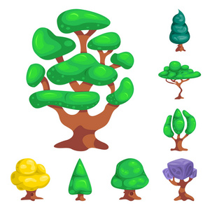 树和自然图标的向量插图。网页的树和皇冠股票符号集