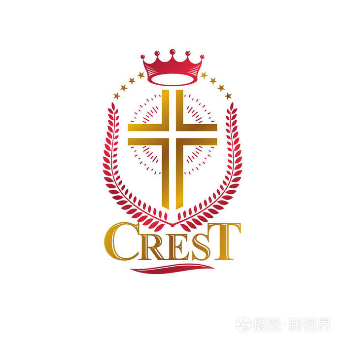 基督徒十字架金黄徽章创造以皇家冠和月桂树花圈插画 正版商用图片0b56gd 摄图新视界