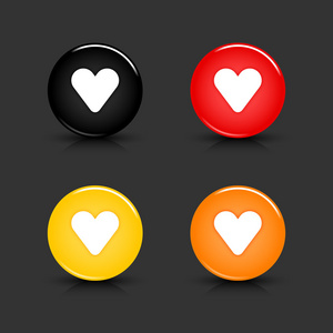 彩色的 web 2.0 按钮与心标志。具有反射和阴影在灰色的背景上的圆形状。10 eps