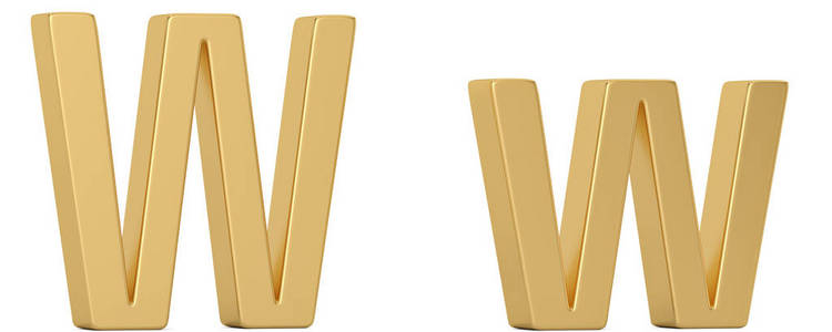黄金金属 w 字母表在白色背景上被隔离3d 插图