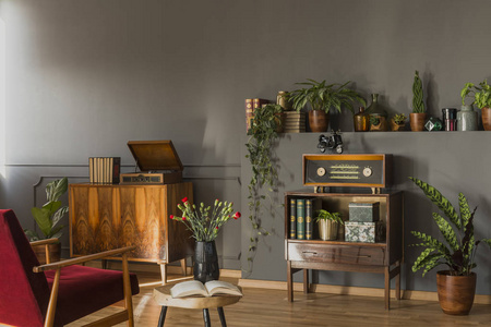 一张红色扶手椅的真实照片, 站在一个小柜子前, 里面有书和收音机, 架子上有植物和老式客厅里的留声机。