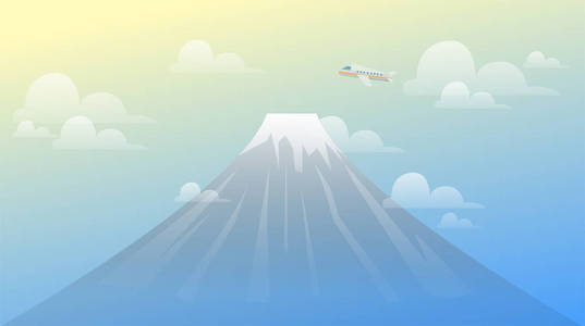 风景山富士山看法与飞机。著名旅行地点媒介