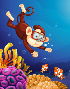 猴子潜水在海洋例证之下图片