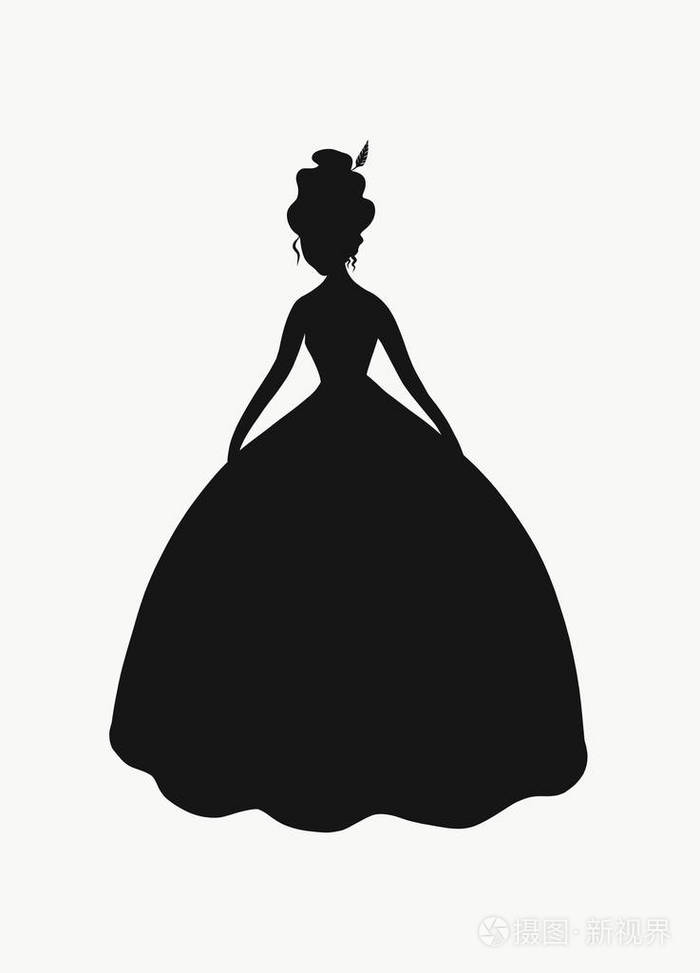 穿着郁郁葱葱连衣裙的女士的黑色剪影