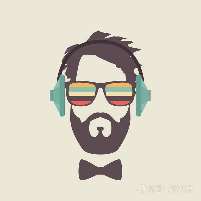 时髦人面孔用耳机, 复古音乐海报 illustartion