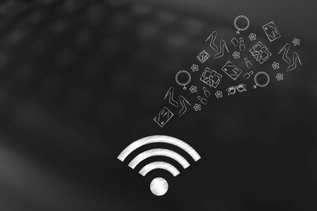 网上购物概念例证 混合产品飞出 wifi 符号