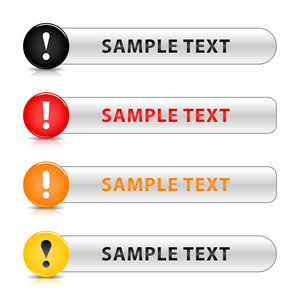 光泽警告 web 2.0 按钮带有感叹号标记符号。彩色圆和灰色按钮与在白色背景上的阴影