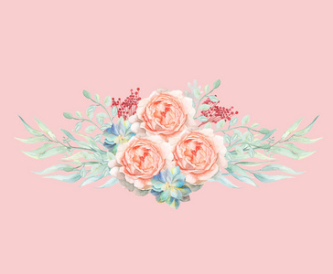 粉红色背景下的芍药切花保鲜花为婚礼装饰的分离梯度粉红色水彩画