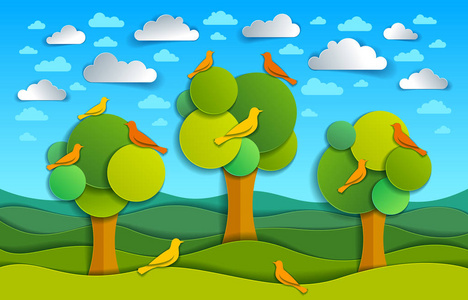 三树与鸟在绿色领域反对蓝色天空