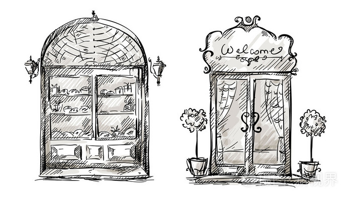 商店的橱窗和入口门绘图, 复古的风格