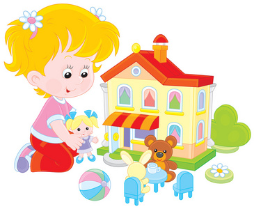 娃娃 ouple小女孩玩游戏和玩具矢量卡通儿童字符构造函数隔离图标的