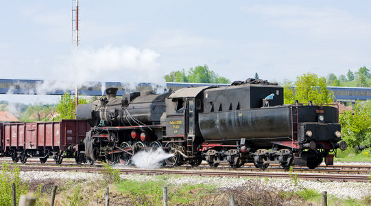蒸汽货运列车在图兹拉区域 波斯尼亚及赫塞哥维纳