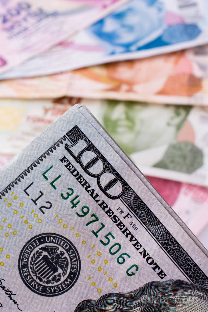 美国美元纸币和turksh里拉钞票在白色背景上肩并肩