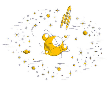 神奇的行星在星系与星, 线3d 矢量例证在白色被隔绝