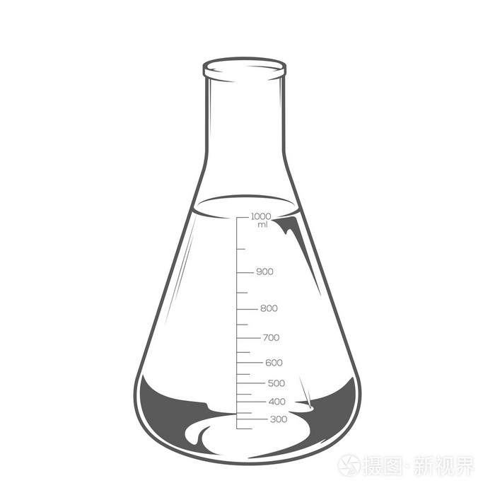 插画 化学实验室玻璃器皿用液态孤立在白色背景上.锥形瓶 1000 毫升.