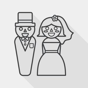 结婚夫妇平面图标，长影线图标