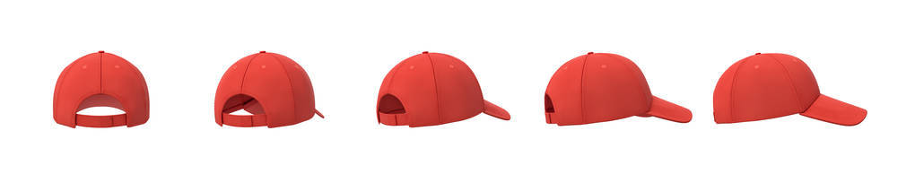 3d 渲染五红色棒球帽在一条线从背面到侧面视图在白色背景上显示