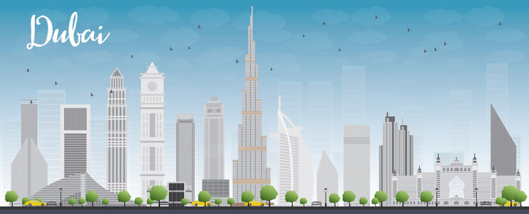 迪拜城市天际线与灰色的摩天大楼和蓝蓝的天空