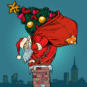 圣诞老人带着一棵圣诞树在书包里爬上烟囱